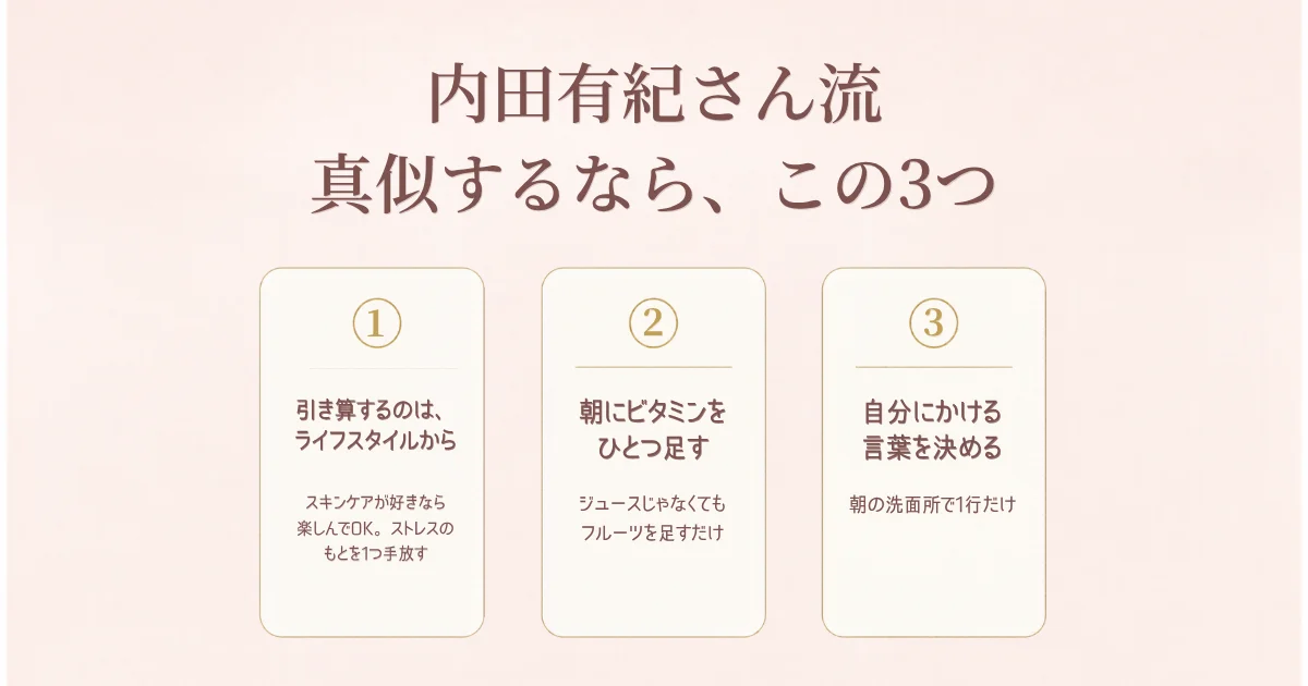 内田有紀さん流の美容習慣図解｜真似するなら引き算はライフスタイルから・朝にビタミン・自分にかける言葉の3つ