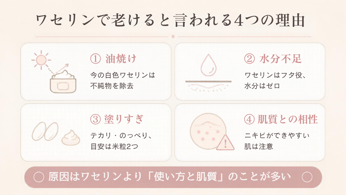 ワセリンで老けると言われる4つの理由（油焼け・水分不足・塗りすぎ・肌質との相性）