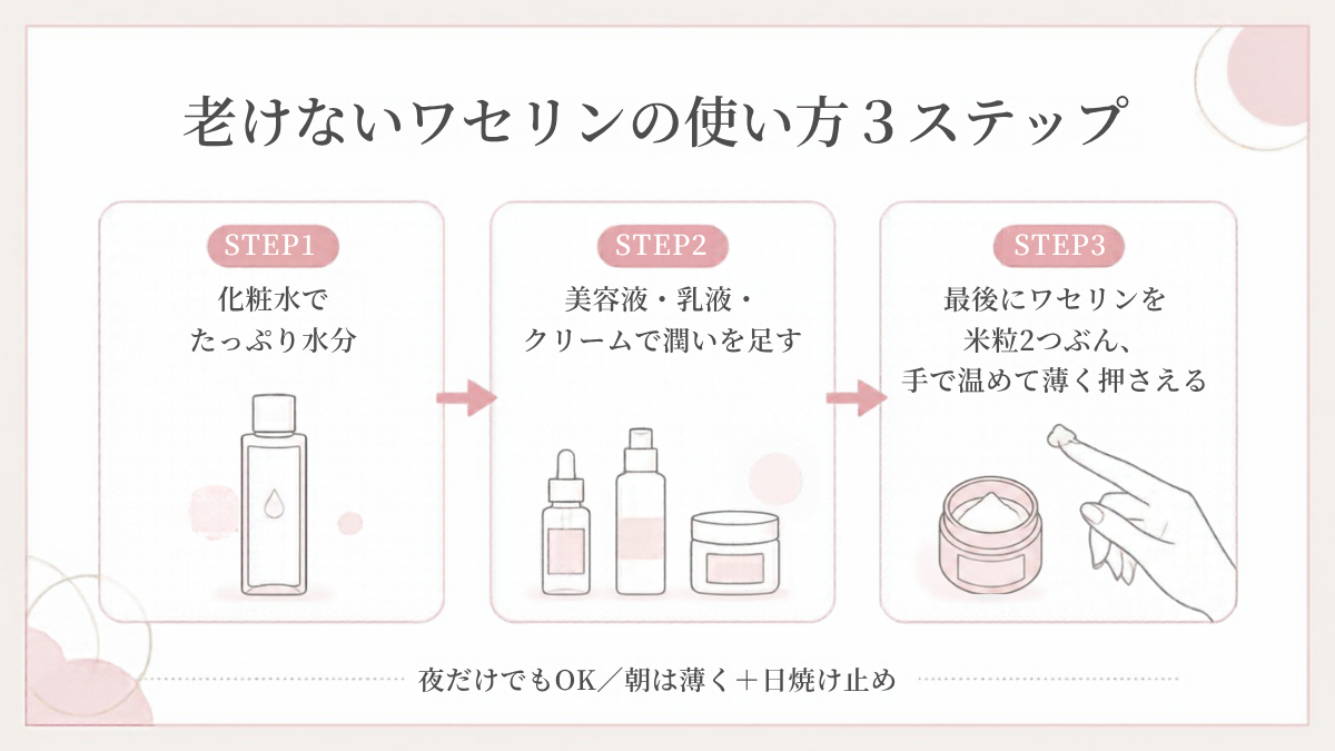 老けないワセリンの使い方3ステップ（化粧水→美容液・クリーム→最後にワセリン）